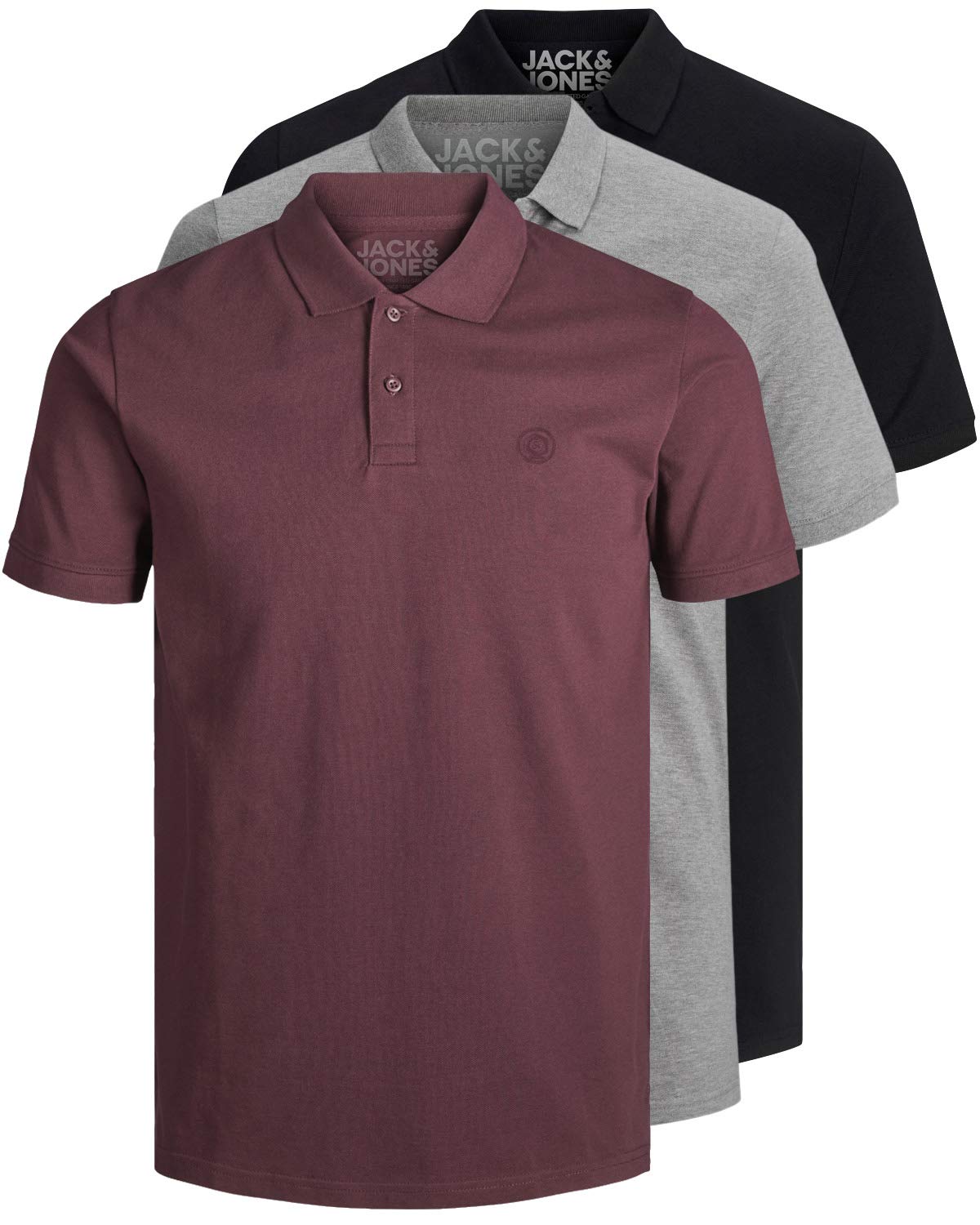 JACK & JONES 12171776 Lot de 3 polos slim fit à manches courtes pour homme, noir, blanc, bleu, gris, XS, S, M, L, XL, XXL